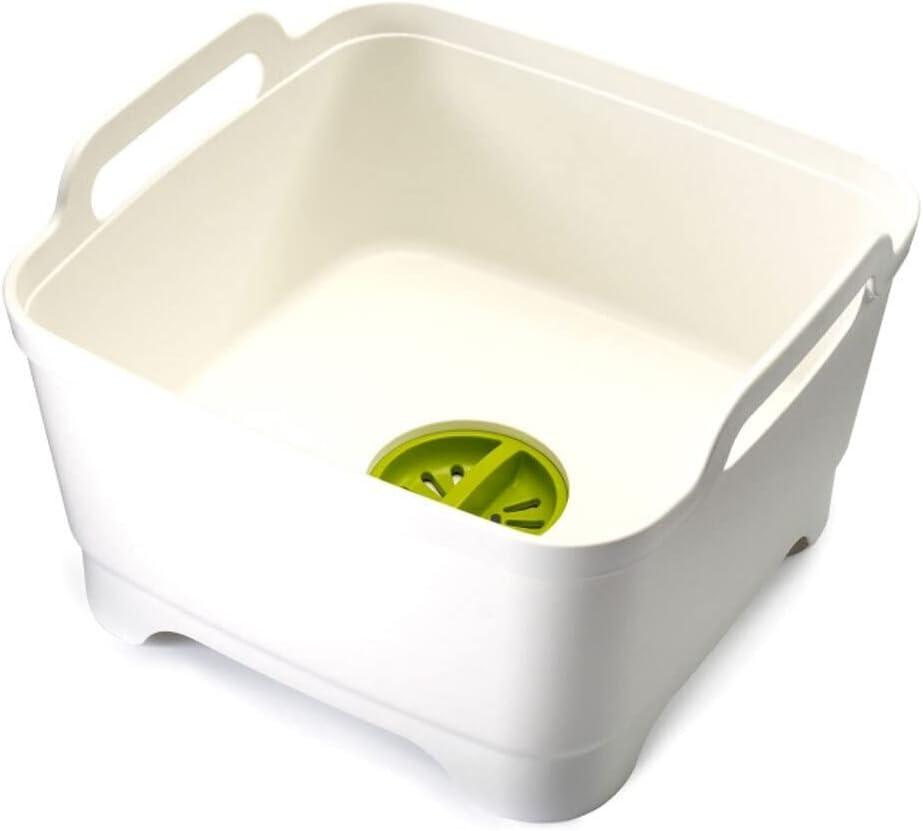 Joseph Joseph Wash & Drain Kitchen Dish Tub Wash Basin with Handles and Draining Plug, 9 liters, White