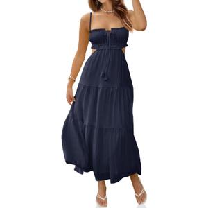Fisoew Women's Spaghetti Strap Maxi Dress Summer Sleeveless Side Cut Out Dress Casual Boho Backless Flowy Long Dresses (Medium, Navy Blue)