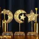 3 Pcs LED Lighted Ramadan Moon and Star Ornament Gold Glittered Battery Operated Ramadan Decoration Table Decor for Indoor Home Bedroom Tabletop Centerpiece Holiday Party