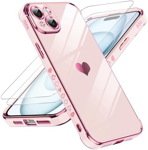 LeYi for iPhone 15 Plus Case: with Tempered Glass Screen Protector [2 Pcs]+ Full Camera Lens Protection,Love Heart Plating Girly Women Luxury Soft TPU Shockproof Case for iPhone 15 Plus,Pink 4Pcs