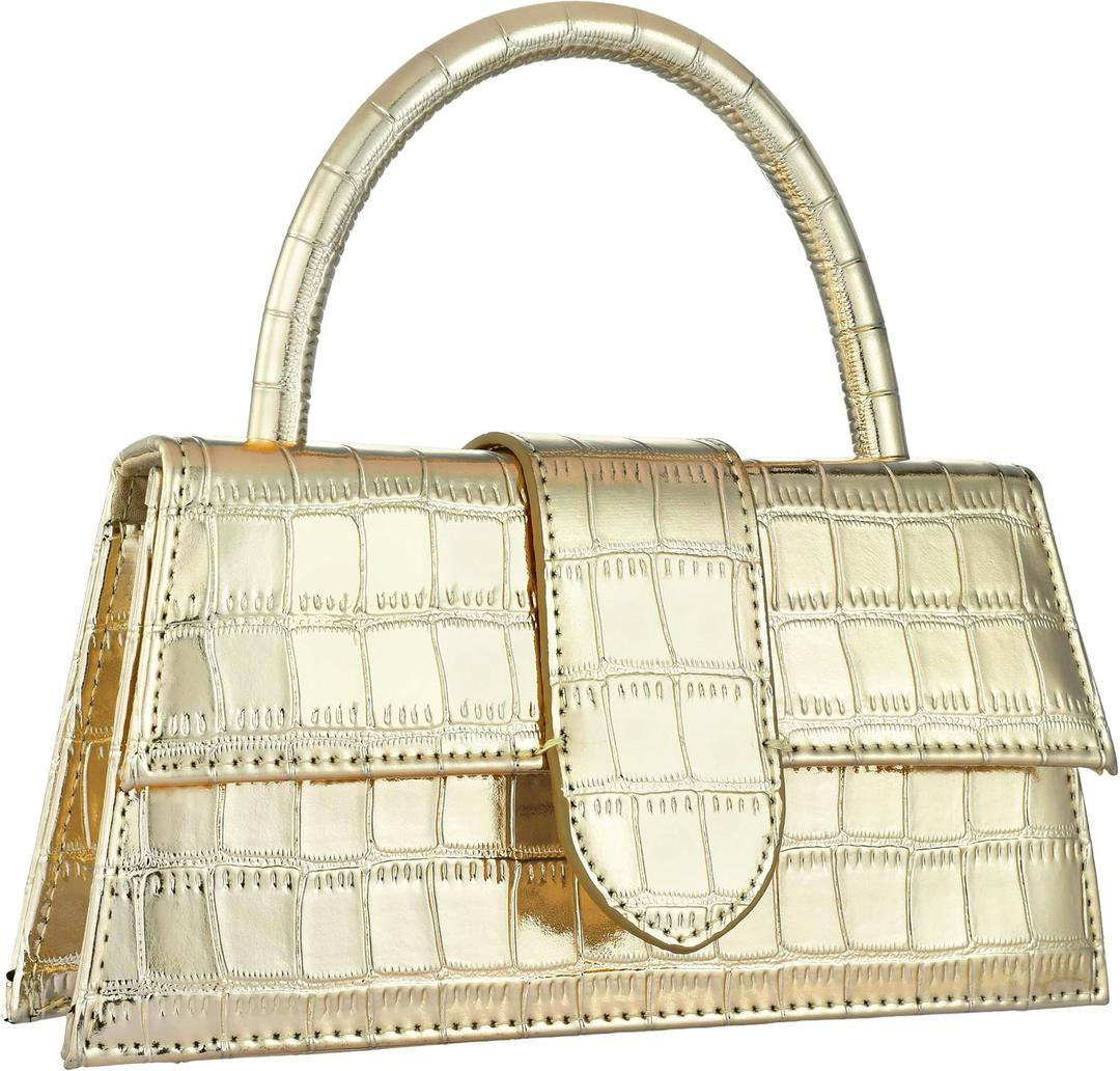 Crocodile Clutch Purse for Women Gold Small Faux Leather Top Handle Evening Bag, Mini Structured Handbag for Wedding, Cocktail Party, Formal Events, Date Night