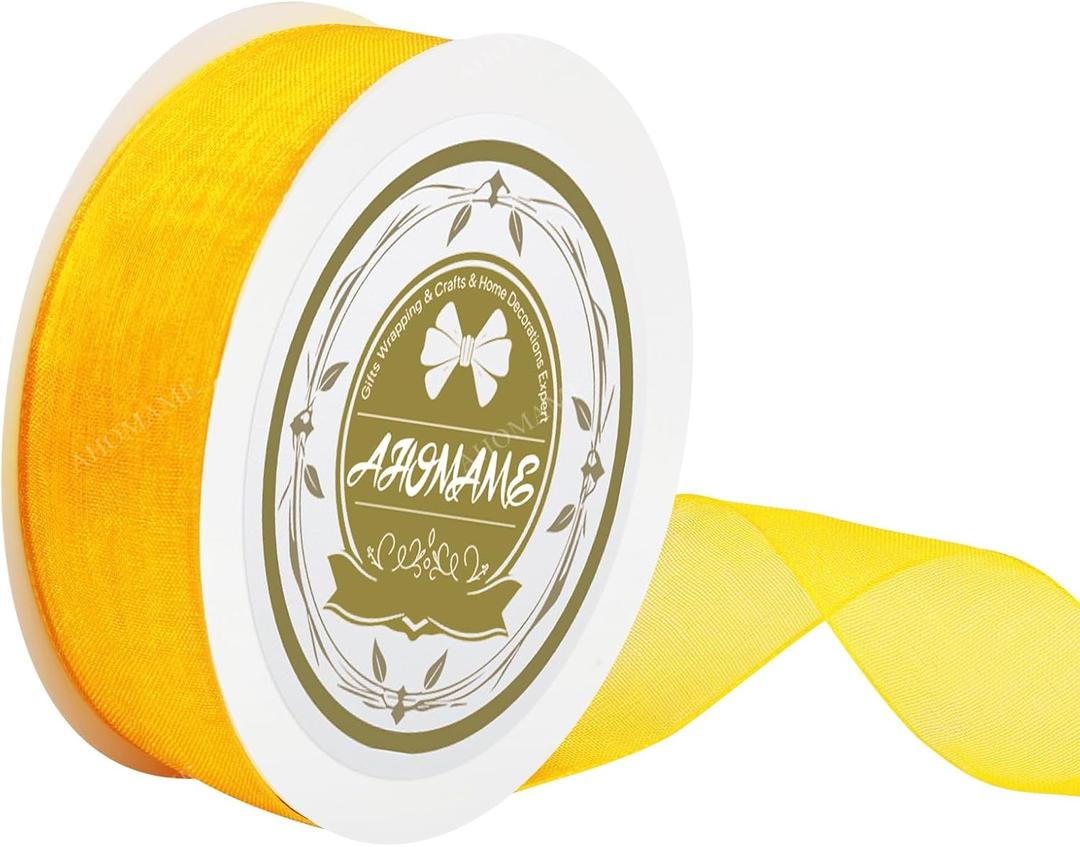 Yellow Sheer Organza Chiffon Ribbon 5/8 Inch, 25 Yards Yellow Sheer Organza Chiffon Ribbon for Craft, Gift Wrapping, Bouquet Wrapping, Wreaths, Birthday Party Wedding Decoration Bows