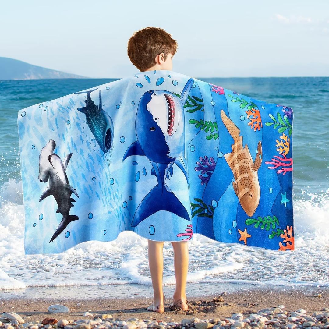 WERNNSAI Shark Kids Beach Towel for Boys - 30 x 60 Quick Dry Sand-Free Swim Towels for Boys Super Soft Absorbent Towel, Pool Camping Travel Bath Towel for Outdoor Sports Picnic
