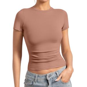 Womens Basic Non See ThroughT Shirts Crew Neck Crop Tops Double Lined Short Sleeve for Workout Compression Tee Y2K (M)
