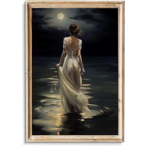 Vintage Woman Painting Dark Academia Canvas Wall Art Victorian Women Print Vintage Gothic Artwork Back Woman Wall Art Vintage Moon Painting Gothic Women Picture French Victorian Wall Art 16x24in No Frame (16L" x 24W")