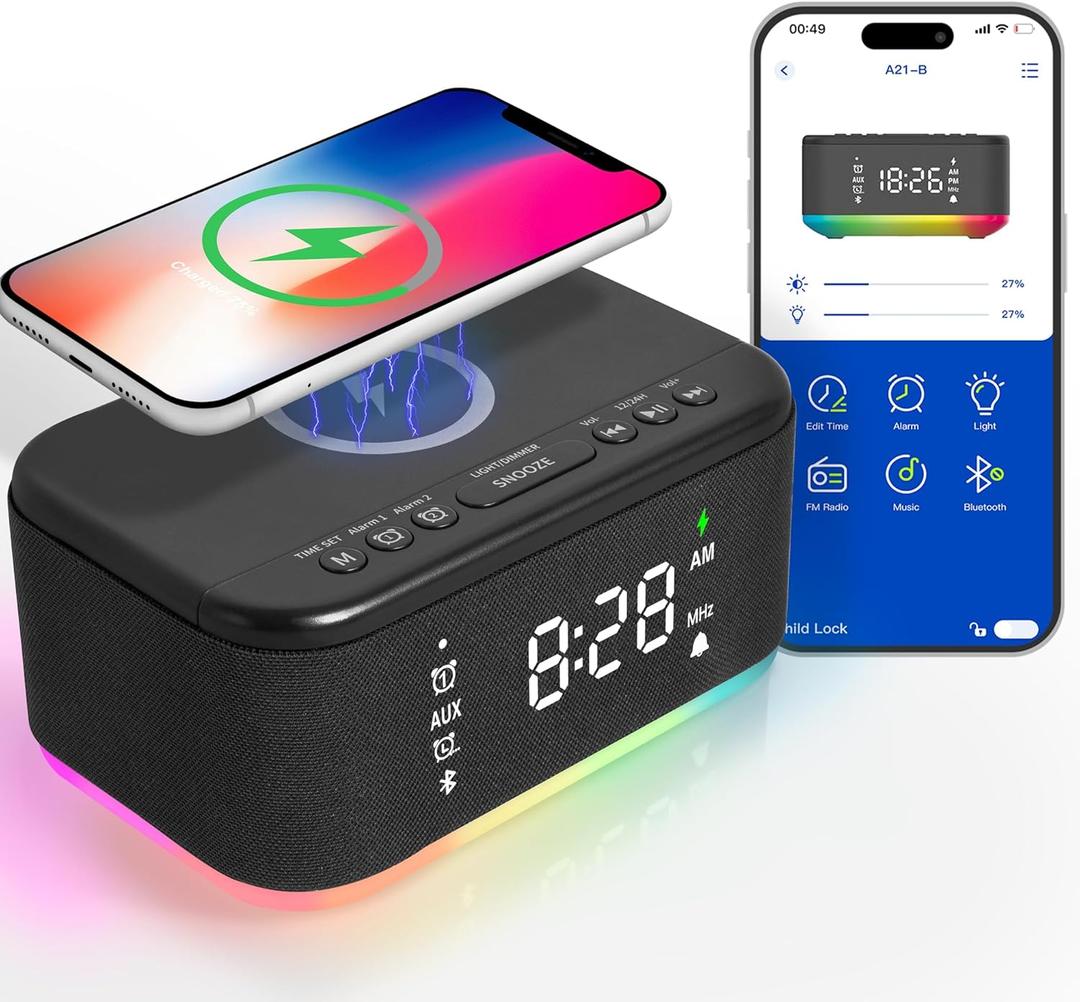 Bluetooth Alarm Clock Radio Bedroom, Digital Dual Alarm Clock Bedroom, Up to 10 Alarms Clock Night Light Speaker App/Button Control FM Charge Snooze Adjustable Brightness Dim 12/24H, JetBlack