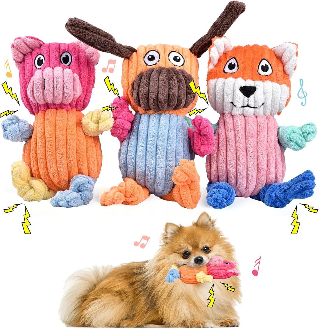 3pcs Dog Squeaky Toys, Puppy Chew Interactive Dogs Toys for Small Medium Large Chewer Dogs to Keep Them Busy(Pet Use Only) (Dog&Fox&Pig)