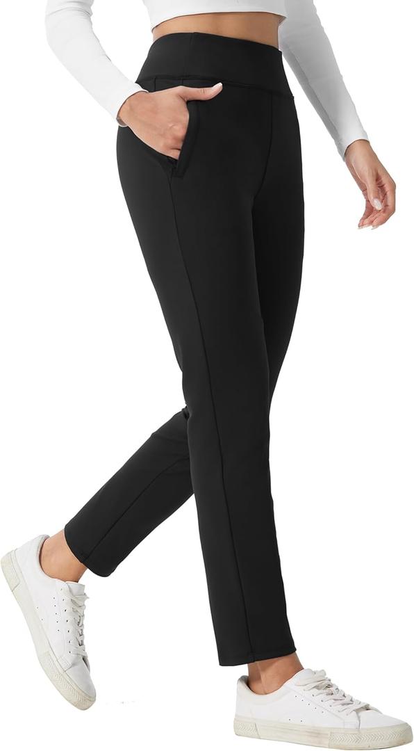 HOTSUIT Fleece Lined Winter Work Pants Thermal Travel Pants High Waisted Golf Hiking Pockets (Black, L)