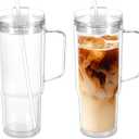 2 Pack 40 Oz Acrylic Tumbler with Handle, Double Wall Reusable Plastic Coffee Cups with Lids and Straws, BPA Free Clear Travel Mug Cup for Juice, Milk, Smoothie, Soda