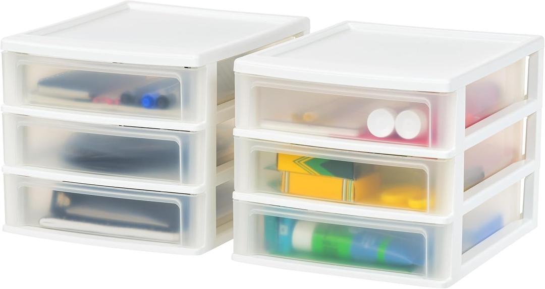 IRIS USA Plastic Stacking Desk Top 3-Drawer Storage Organizer, 2-Pack, for Makeup Vanity Nail Polish Bathroom Stationery Art Craft Supplies Kitchen Office Garage and Small Organization, Medium, White
