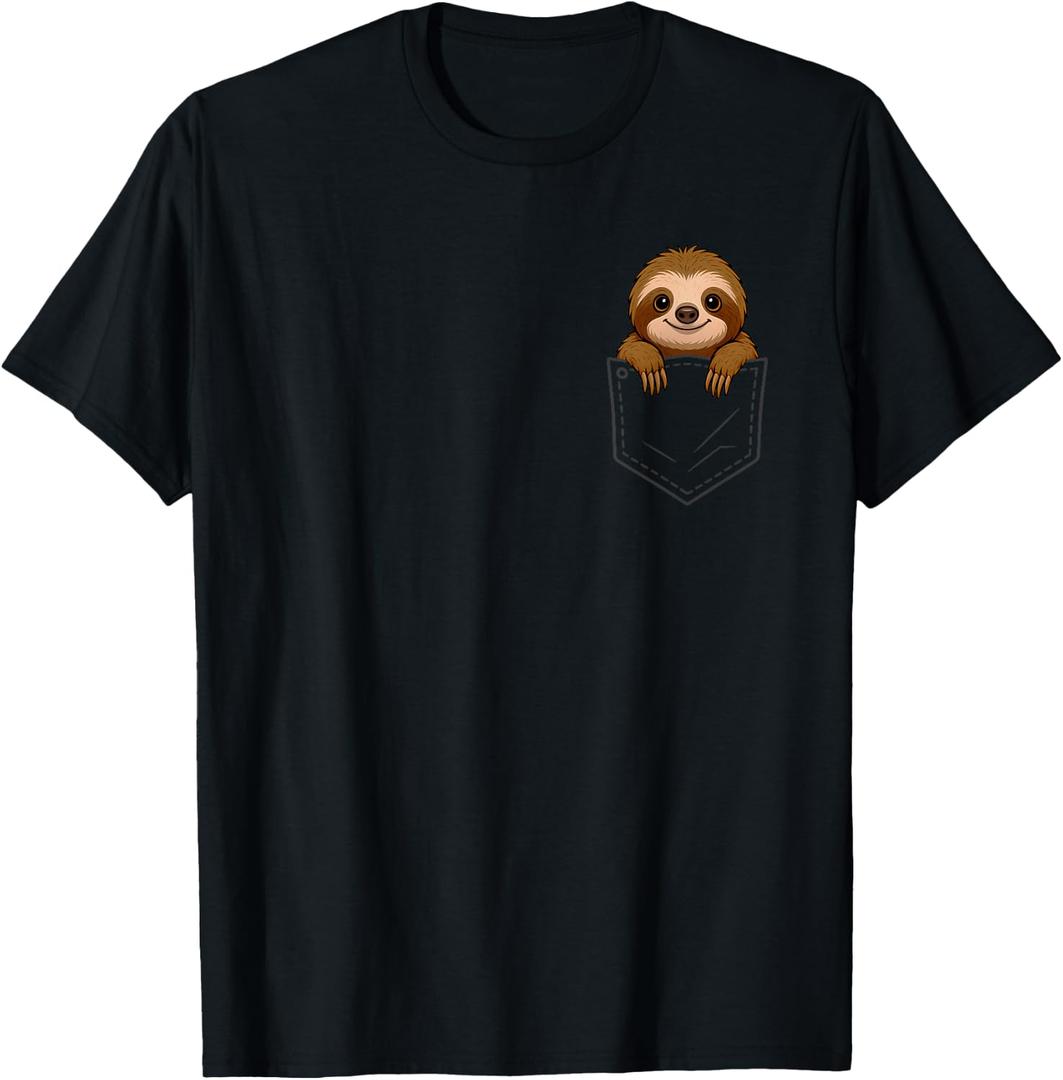 Funny Sloth Peeking in Pocket Animal Lover Men Women Kids T-Shirt, Black, Large