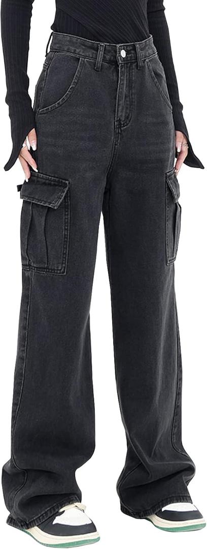 LONGYIDA Women's High Waisted Cargo Jeans Straight Wide Leg Stretch Baggy Jean Y2K Casual Loose Denim Cargo Pants Trousers (X-Large, Grey Black)