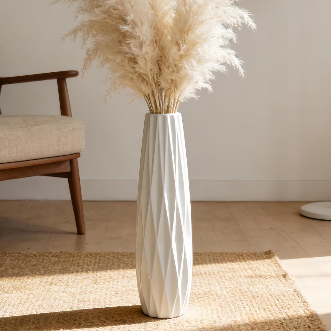 White Ceramic Tall Vase, 17.7" Floor Vase for Pampas Grass, Decorative Large Vases Table Centerpieces Shelf Home Decor Living Room Branches Sky-Dried Flower Arrangement Simple Decorative