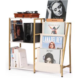 Stand for Record Player, 3 Tier Vinyl Record Storage with Now Playing Holder, Turntable Stand, Vinyl Display with Speaker Storage for Living Room, Gold/White