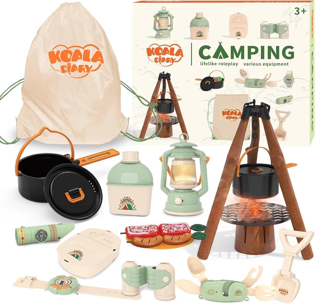 KOALA DIARY Kids Camping Toys Set - Pretend Play Camping Set with Food Toy, Spray Stove, Oil Lantern, Binoculars, Compass, Tableware, Watch & Storage Bag, Birthday for Ages 3+