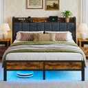 Liians Queen Size Bed Frame with Storage Headboard, LED Lights