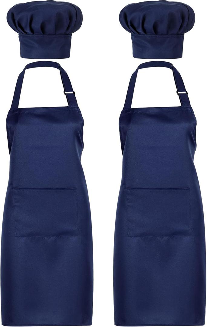 SATINIOR 2 Sets Chef Hats and Aprons with 2 Pockets Kicthen Cooking Baking Aprons Chef Halloween Costume for Home Holidays