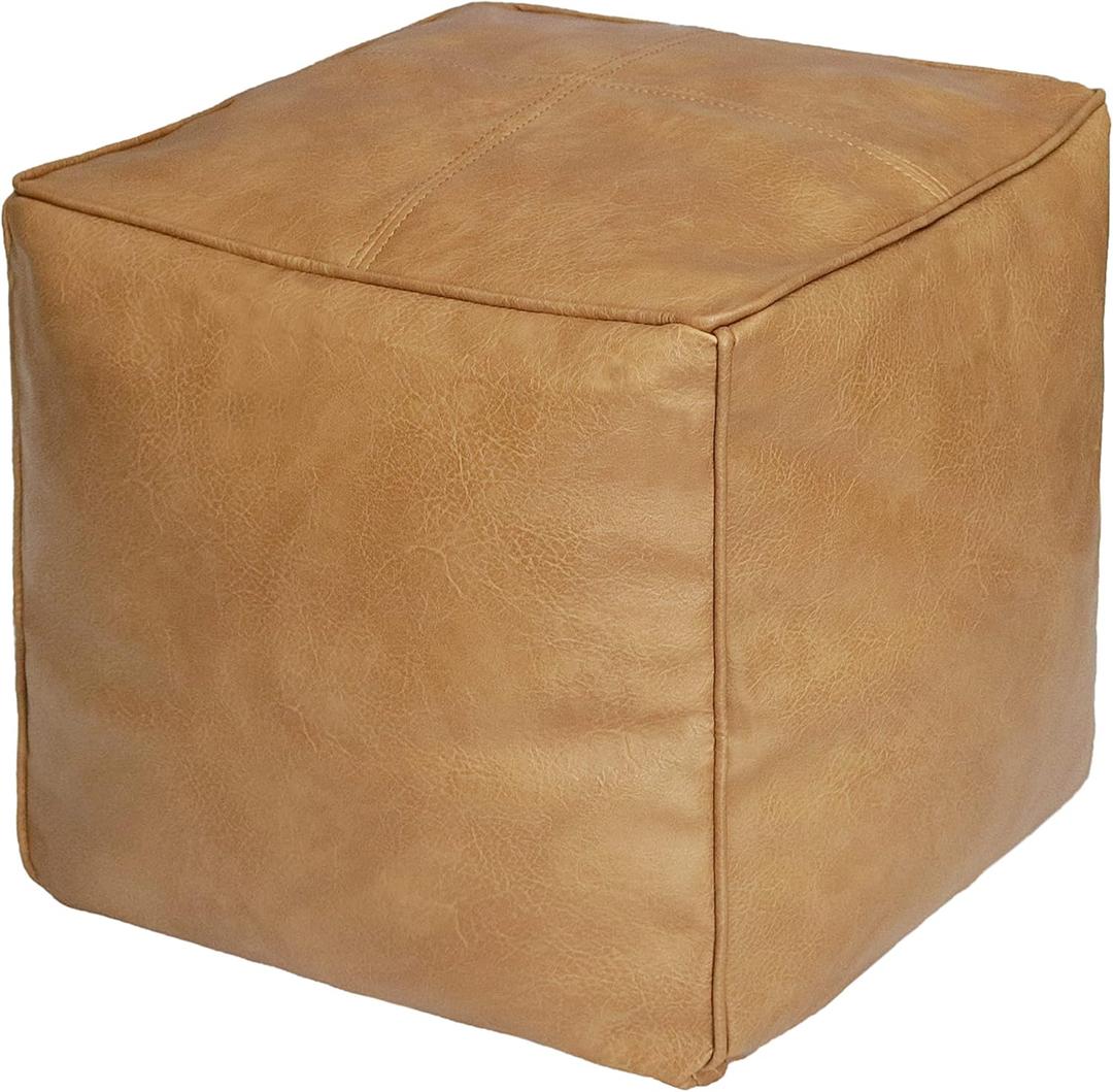 Thgonwid Unstuffed Handmade Cube Pouf Faux Leather Ottoman Cover, Square Pouffe Footstool Storage Stool, Bedroom Living Room, 16.5" W x 15.7" H, Camel