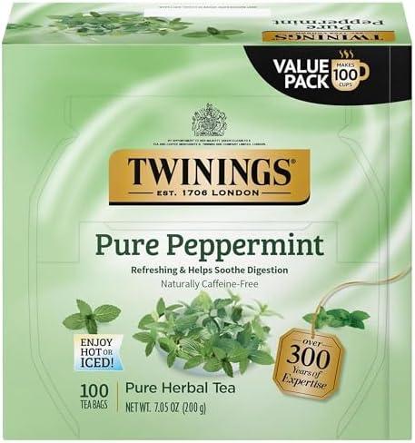Twinings Pure Peppermint Herbal Tea Individually Wrapped Bags, 100 Count (Pack of 1), Fresh Minty Flavour, Naturally Caffeine-Free, Enjoy Hot or Iced, 100 Teabags Exp. 01/07/29