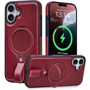 Butaiga for iPhone 17 Leather Case with Stand, Anti-Slip Grip Ring, Fits for MagSafe (Burgundy, iPhone 17)