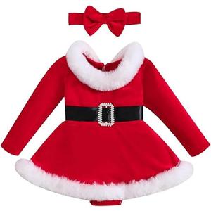 Baby Girl Christmas Dress Santa Claus Romper Dress Red Velvet Long Sleeve Princess Tulle Dress with Headband 3-6 Months, Red