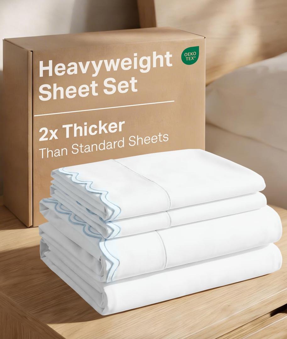 Extra Thick Heavyweight Queen Size, Embroidery Sheet Set - Light Blue