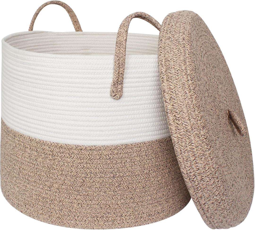 Storage Basket with Lid, 16x16x13 Large Blanket Basket Living Room, Lidded Woven Cotton Rope Bin with Handle, Wicker Laundry Basket Hamper with Lid, Round Kids Dog Toy Box with Cover (White/Brown)