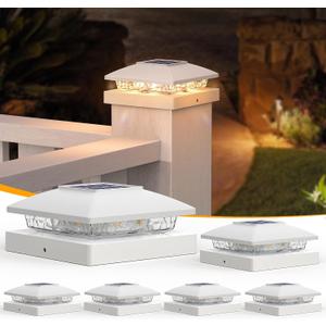 APONUO Solar Post Cap Lights for 4x4 Posts, Bright Warm White LED Post Cap Lights Solar Powered, IP64 Waterproof & All-Night Lighting, White 6 Pack  Deck, Fence, Patio Light (Easy Install)