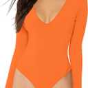 MANGDIUP Women's V-Neck Long Sleeve Bodysuit for Women - Sexy & Comfortable Stretchy Tops (XX-Large, Orange Red)