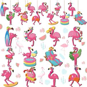 36 Pcs Flamingo Ornaments Tropical Palm Leaves Floral Flower Wooden Hanging Tree Ornament for Summer Hawaiian Beach Luau Aloha Birthday Bachelorette Wedding Bridal Shower Party Decorations