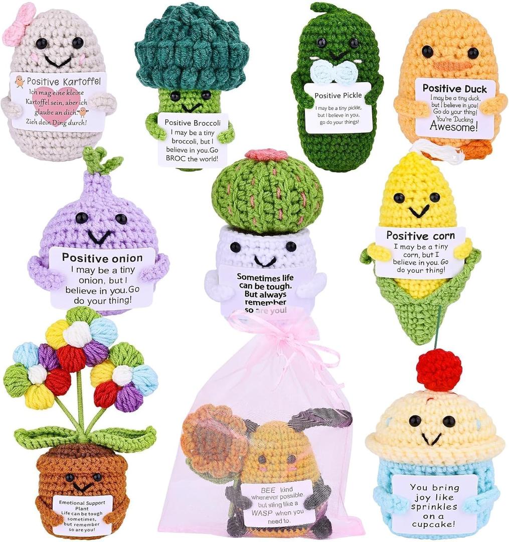 Crochet Encouragement Decor Set  10PCS Handmade Positive Message Ornaments with Cards & Gift Bags, Bulk Appreciation Keepsake Set for Coworkers, Office Desk Decorative Display