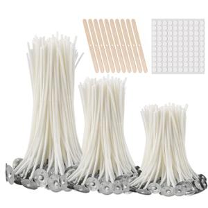 300Pcs Functional Smokeless Candle Wicks - Pre Waxed Cotton Wick with Metal Sustainer Tabs for Pillar Candle Making and DIY, 9cm/3.5in, 15cm/6in, 20cm/8in
