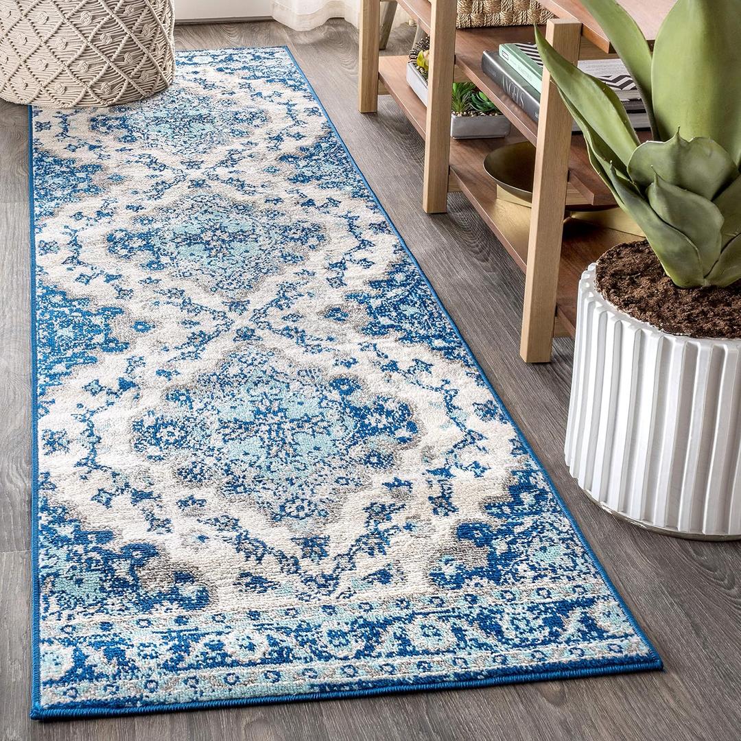 JONATHAN Y Boho Vintage Cream/Blue Runner Rug, 2x10, Bohemian Flair Medallion, Floral Easy-Cleaning High Traffic for Living Room, Bedroom, Kitchen, Pet-Friendly, Non Shedding (BMF106A-210)