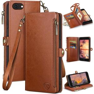 XcaseBar for iPhone SE 3rd/7/8 Wallet case with Zipper Credit Card HolderRFID Blocking, Flip Folio Book PU Leather Phone case Shockproof Cover Women Men for Apple SE case Light Brown