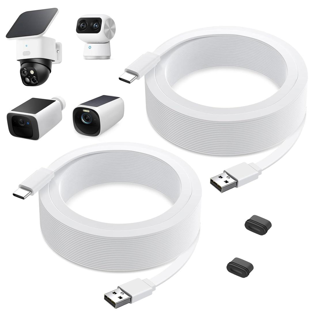 2Pack Power Cable for eufy SoloCam S220/ S340, C210, USB Type-C Extension Cable for eufyCam 3/ S330, 3C/ S300, Weatherproof Flat Charging Cord for eufy Indoor Cam S350/ C220/ C210, Indoor Outdoor Use
