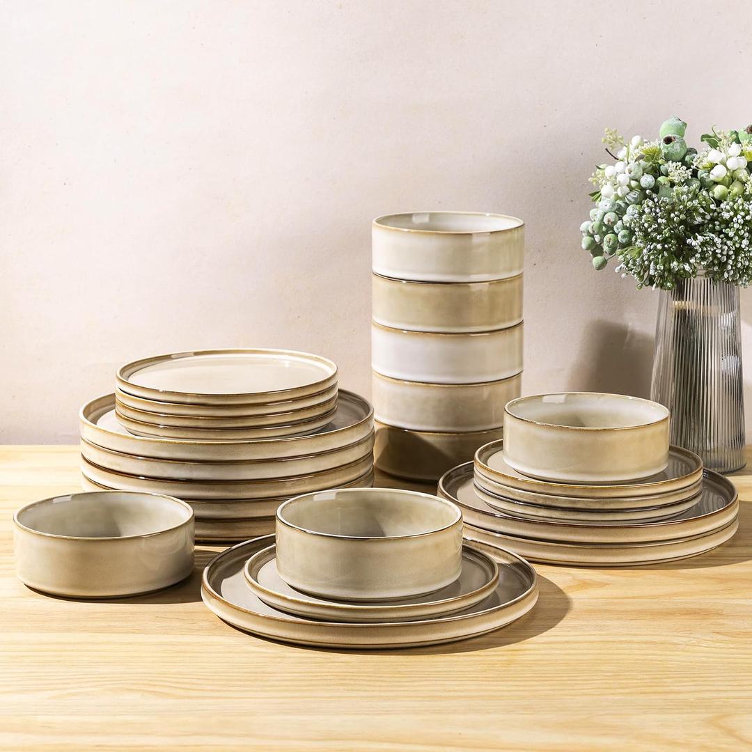 AmorArc Ceramic Dinnerware Sets, Handmade Reactive Glaze Stoneware Plates and Bowls Sets,Highly Chip and Crack Resistant | Dishwasher & Microwave Safe Dishes Set, Service for 8 (24pc),  Cappuccino, Service for 8
