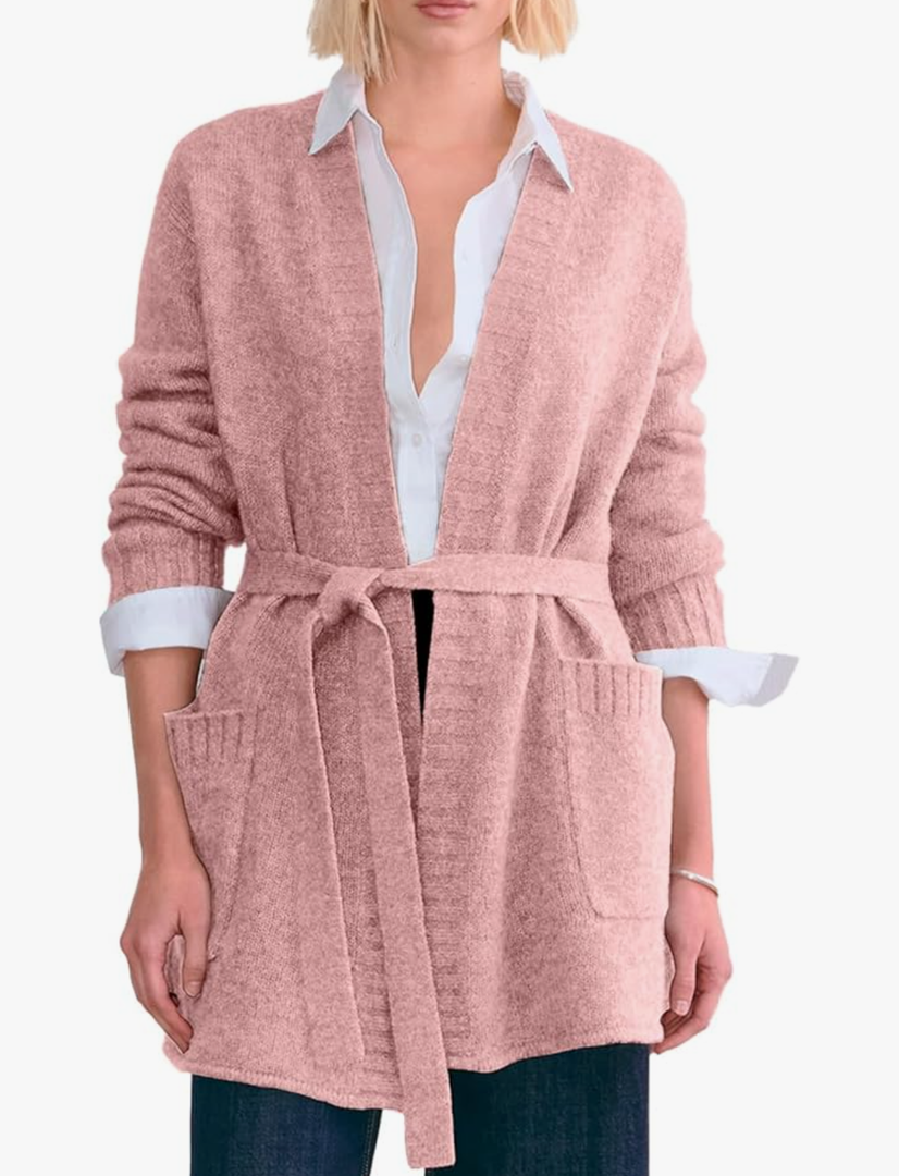 Astylish Womens Open Front Long Sleeve Belted Knit Cardigan Sweaters Trendy 2025 Outwear Coats with Pockets size XL