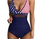 SUUKSESS Women Slimming Tummy Control One Piece Swimsuits Sexy Mesh High Waisted Monokini Bathing Suits (American Flag, L) (Blue, L)