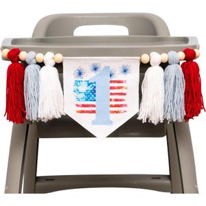 4th of July 1st Birthday High Chair Banner, Patriotic American Flag Design, Cotton Rope Tassels with Wooden Beads, Pennant Style