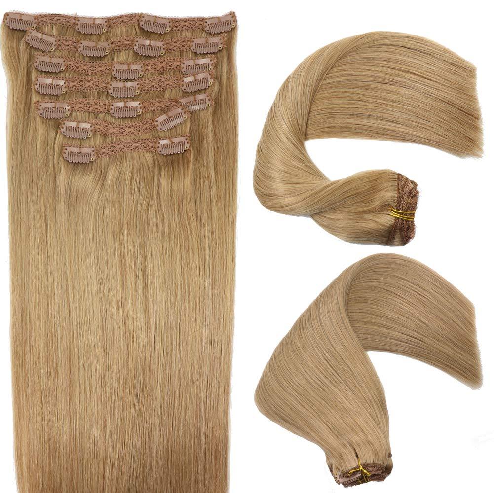 Real Human Hair Lace Clip In Hair Extensions Thick Ends 20inch 120g Color Dirty Blonde #18 Remy Hair Extensions Silky Soft Double Wefted Lace Backed Clip Ins