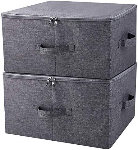 2Pcs Fabric Folding Washable Wardrobe Clothes Storage Baskets with Zip Lid | cabinets, shelves, attics, or atop closets organizer,17.6×13.6×9.7", Space Saving, breathable linen, sturdy plastic boards