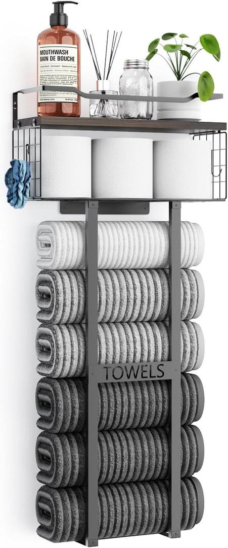 Large Towel Rack & Bathroom Towel Holder - Wall Mounted Metal Rack with Wooden Floating Shelf, Small Bathroom Towel Storage, Easy Holds 6 Large Rolled Towels, Black with Brown Plank (XL (31"))