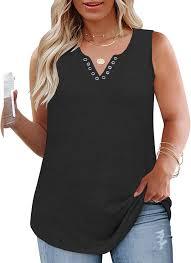 VISLILY Plus-Size-Tank-Tops for Women Cute Ring Hole V Neck Sleeveless Shirts Trendy Summer Blouses Casual Loose Fit Tunics Size 1XL