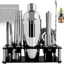 14-Piece Cocktail Shaker Set Bartender Kit with Black Stand, Bar Tool Set for Drink Mixing Bartending Kit Bar Sets Accessories: 750ml(25oz) Shaker, Jigger, Muddler, Cocktail Recipes (Silver)