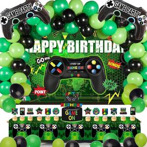 64 Pieces Video Game On Theme Party Supplies Sett: Decorations with Happy Birthday Gaming Backdrop, Game Table Covers, Cake Topper, Foil Gamer Balloons, Multi-Color Balloons. Perfect for Game Party!