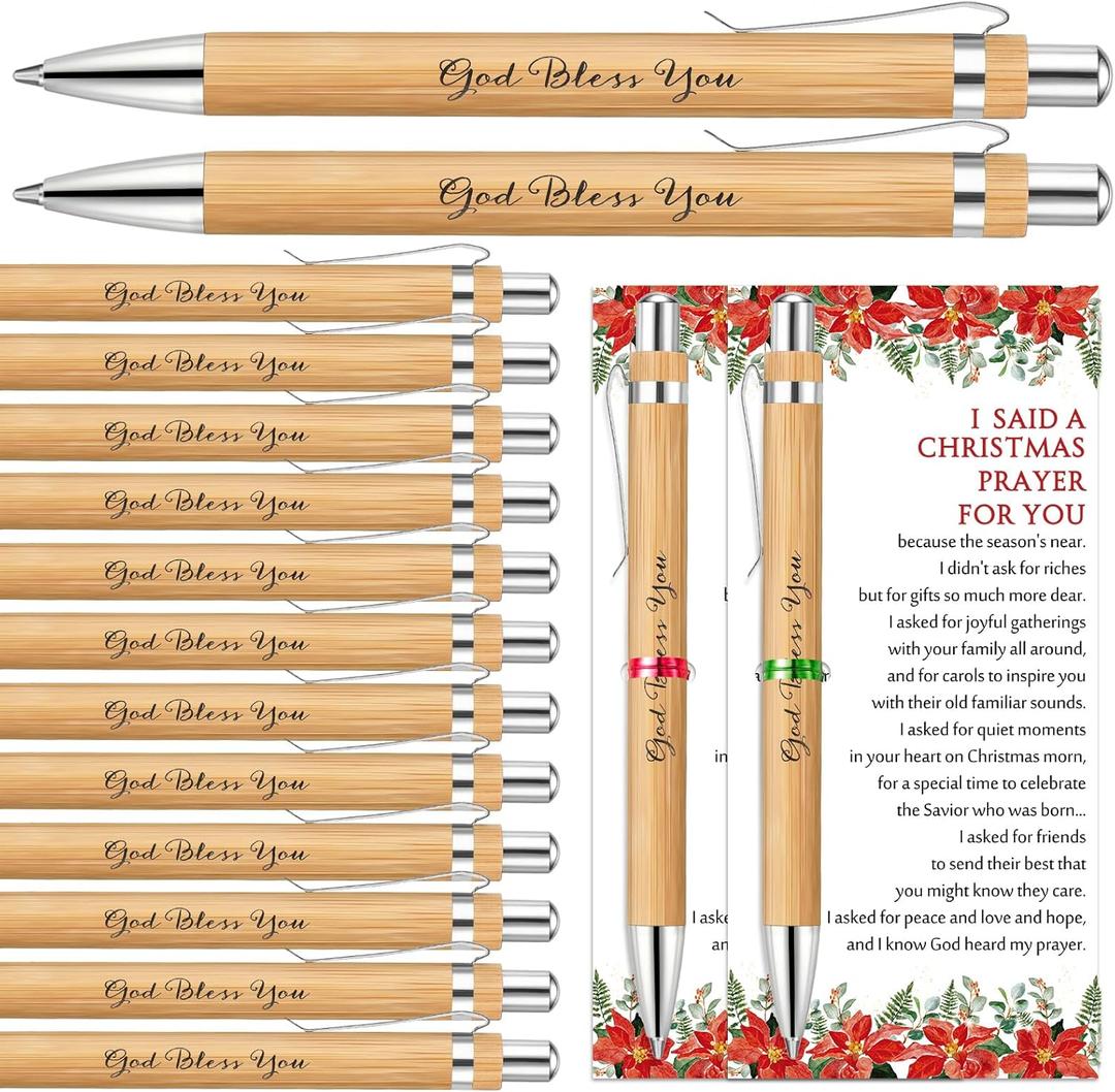50 Set Christmas Christian Gifts Xmas Bible Verse Ballpoint Pens God Bless You Wooden Pens Religious Gift Cards Christmas Poinsettia Cards with Ties for Church Office Coworker