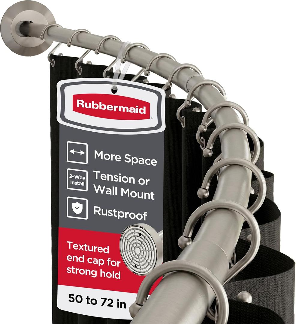 Rubbermaid Curved Shower Curtain Rod with Choice of No Drill Tension or Wall-Mount Installation, 50-72 Inches Stainless Steel Adjustable Shower Rod for Bathroom, Non-Slip, No Rust, Brushed Nickel