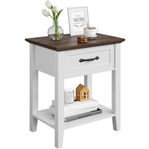 End Table with Drawer, Side Table for Spaces, 2 Tiers Storage Shelves with Dresser, Bedside Tables Nightstands for Living Room, Bedroom, Dorm, White