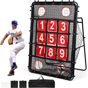 Pitching Net with Strike Zone, 9 Hole Baseball Pitching Target, Portable Softball Baseball Training Equipment with Carry Bag