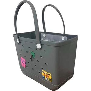 XL Waterproof Rubber Tote Beach Bag with Drainage Holes - Stylish Sandproof Carry-All with Decorative Charms for Pool & Lake